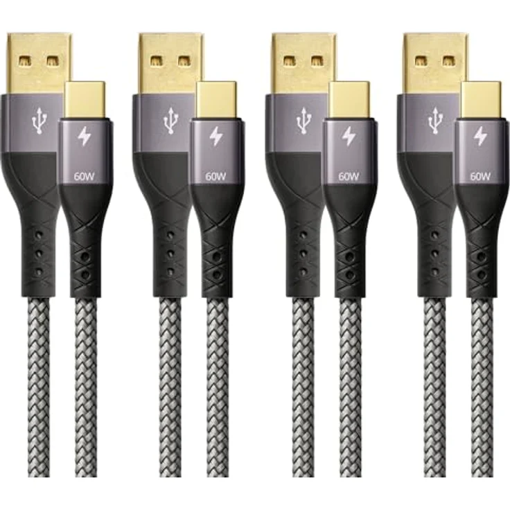ProfiPatch USB A auf USB C Kabel Set, 60W QC 3A, 0,5m+1m+2m+3m, grau, Goldkontakt, Textil, Schnellladekabel für Notebooks, Laptops und Handys – Bild 1
