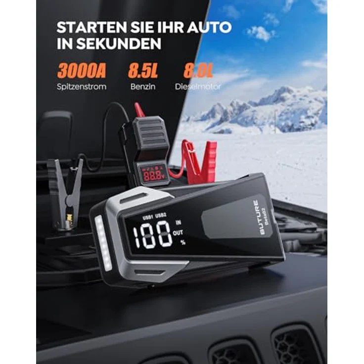 BuTure Starthilfe Powerbank, 3000A Spitzenstrom 21800mAh Tragbare 12V Auto Starthilfe für 8.5L Benzin und 8.0L Dieselmotor,Starthilfegerät mit LED Taschenlampe – Bild 2