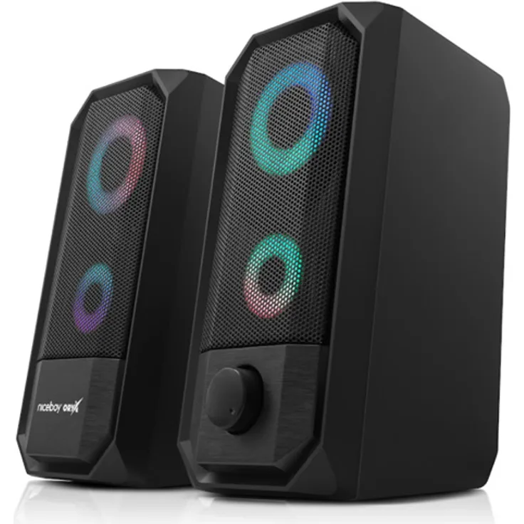 Niceboy ORYX VOX 2.0, Kompakte 2.0 Kanäle PC/Notebook Lautsprecher mit 12 W Leistung und RGB-Hintergrundbeleuchtung, Schwarz
