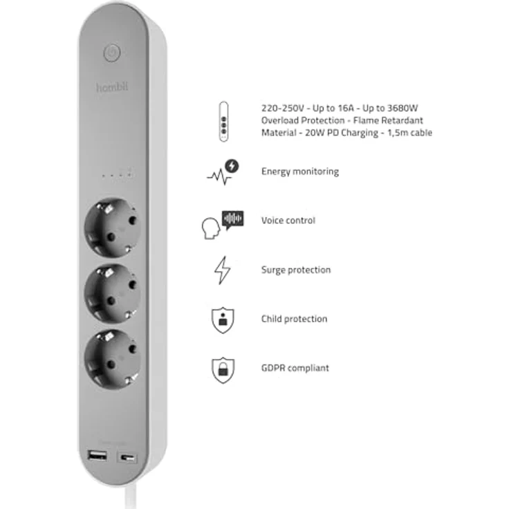 Hombli Steckdosenleiste, smarte Steckdosenleiste (3 x, 1.50 m) mit 1x USB-A, 1x USB-C. – Bild 3