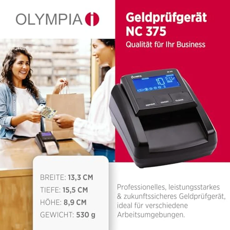 Olympia NC 375 Geldprüfgerät, Geldscheinprüfer mit IR, MG, UV Sensoren, Geldzähler für Euro, Dollar, Pfund, hohe Prüfgeschwindigkeit, kompaktes Design mit LCD Display – Bild 2