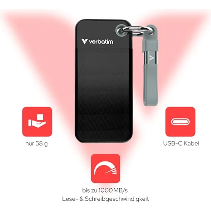 Verbatim Pocket SSD 32432, 128 GB, USB Typ-C 3.2 Gen 2, 1000 MB/s, Schwarz/Grau – Bild 5
