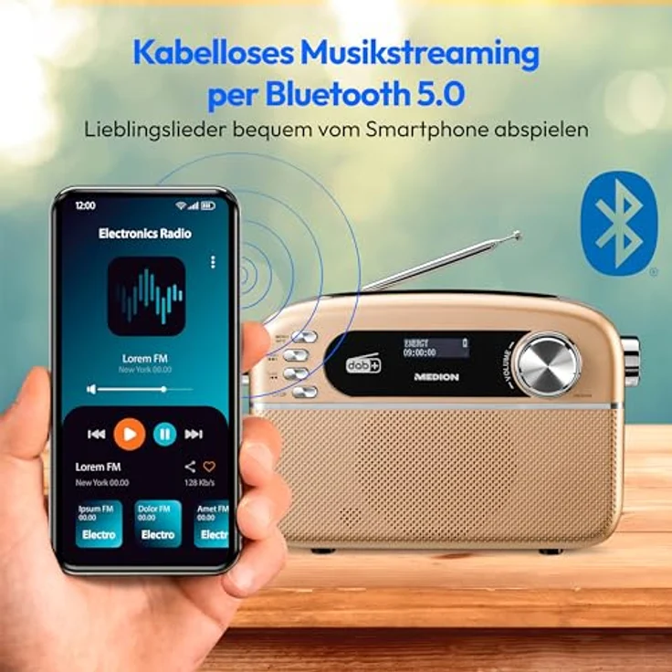 MEDION E66809 DAB Plus tragbares Solar Radio (Retro Design, Bluetooth, DAB+ UKW, integrierter Akku, USB Anschluss, AUX, Sleeptimer, Teleskopantenne) Kupfer – Bild 3
