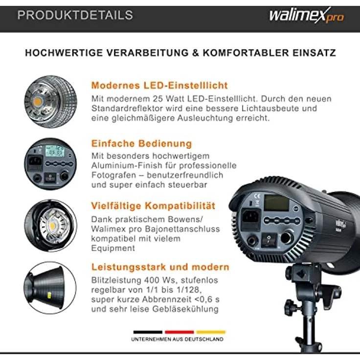 Walimex Pro Stager 600 HSS Studioblitz - leistungsstarker Studioblitz mit 2,4 GHz Empfänger, HSS-Modus, 600 Ws, Kurze Abbrennzeit, LED-Einstelllicht, für Profifotografen - Preisvergleich – Bild 3