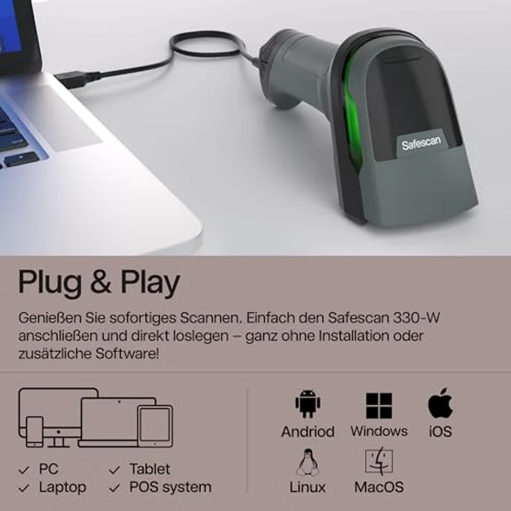 Safescan 330-W, Barcodescanner für 1D- und 2D-Barcodes mit USB-Kabel, Plug & Play, inkl. Ständer, für beschädigte und farbige Codes – Bild 4