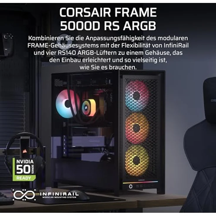 Corsair Frame 5000D RS ARGB Midi-Tower, E-ATX PC-Gehäuse mit Tempered Glass, bis zu 14 Lüfter und 4 vorinstallierten RGB-Lüftern - schwarz – Bild 3