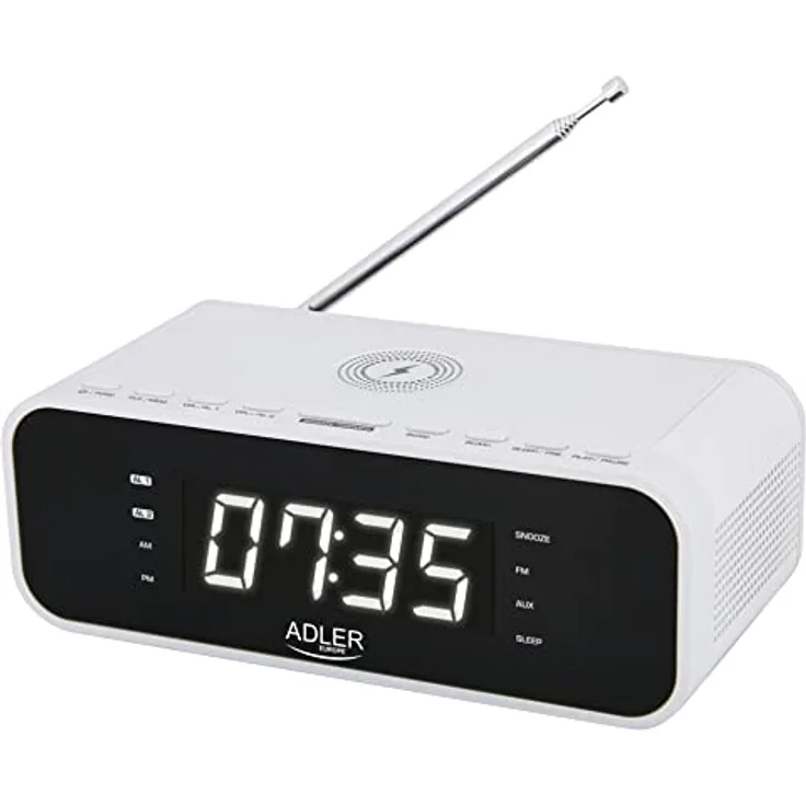 ADLER AD 1192W Radiowecker mit kabellosem Ladegerät Bluetooth 5.0 UKW-Radio 30 Sender Speicher Digitaler Wecker AUX-Eingang Snooze-Funktion Teleskopantenne (Weiß)