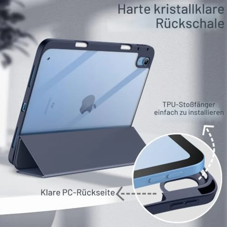 JETech Hülle für iPad (A16) 11./10. Gen, navy blau, mit klarer Kristallrückseite und eingebautem Pencil Halter, dreifach faltbare Abdeckung – Bild 3