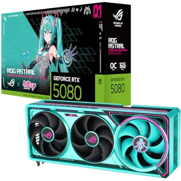 ASUS ROG ASTRAL RTX5080 16GB GDDR7 OC Hatsune Miku Edition Gaming-Grafikkarte mit 4 Lüftern, NVIDIA DLSS 4, ARGB-Beleuchtung, PCIe 5.0, 2x HDMI 2.1b, 3x DisplayPort 2.1b – Bild 1