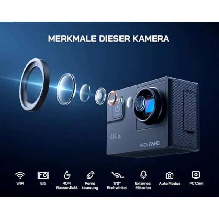 WOLFANG GA300 Action Cam, 4K 60FPS Video, 24MP Foto, WiFi, 40M wasserdicht, mit Doppelmikrofon und Zubehör – Bild 3