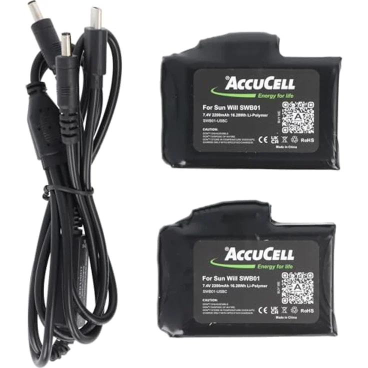 AccuCell SWB01, 2 Stück wiederaufladbare Lithium-Polymer-Akkus 7,4 Volt 2200mAh mit USB-C Ladekabel, ideal für beheizte Handschuhe – Bild 2
