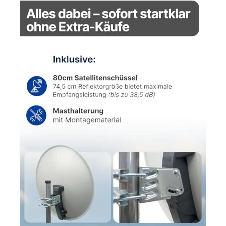 SCHWAIGER Satellitenschüssel Ø 80 cm Aluminium Offset Antenne in hellgrau, wetterfest, Multifeed geeignet, maximale Empfangsleistung 38,5 dB, inkl. LNB Tragarm & Masthalterung – Bild 3
