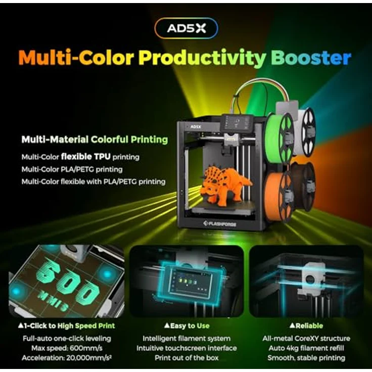 FLASHFORGE AD5X Multimaterial-3D-Drucker, Mehrfarbendruck mit 600mm/s Geschwindigkeit, 1-Klick Druck, vollautomatische Kalibrierung, Druckgröße 220x220x220mm – Bild 2
