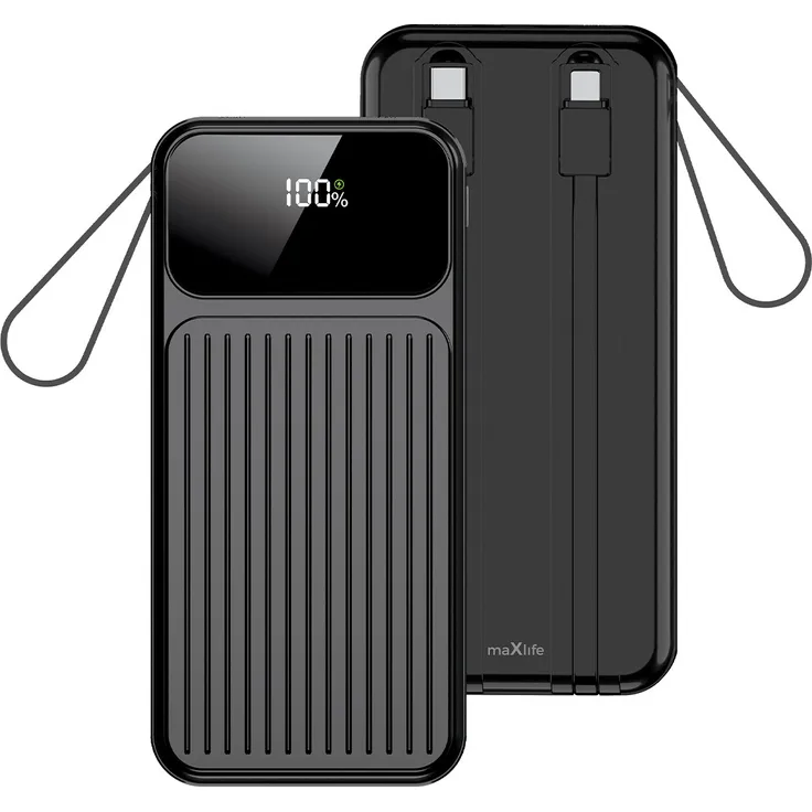 MaxLife MXPB-06 Powerbank, 10.000 mAh mit integrierten Kabeln, PD QC 22,5W, schwarzes Design