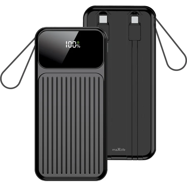 MaxLife MXPB-06 Powerbank, 10.000 mAh mit integrierten Kabeln, PD QC 22,5W, schwarzes Design