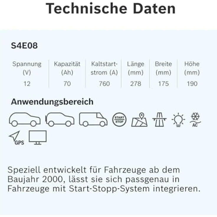 Bosch S4E Starterbatterie 0092S4E081, 12V, 70Ah, Kälteprüfstrom 760A, EFB-Batterie – Bild 6