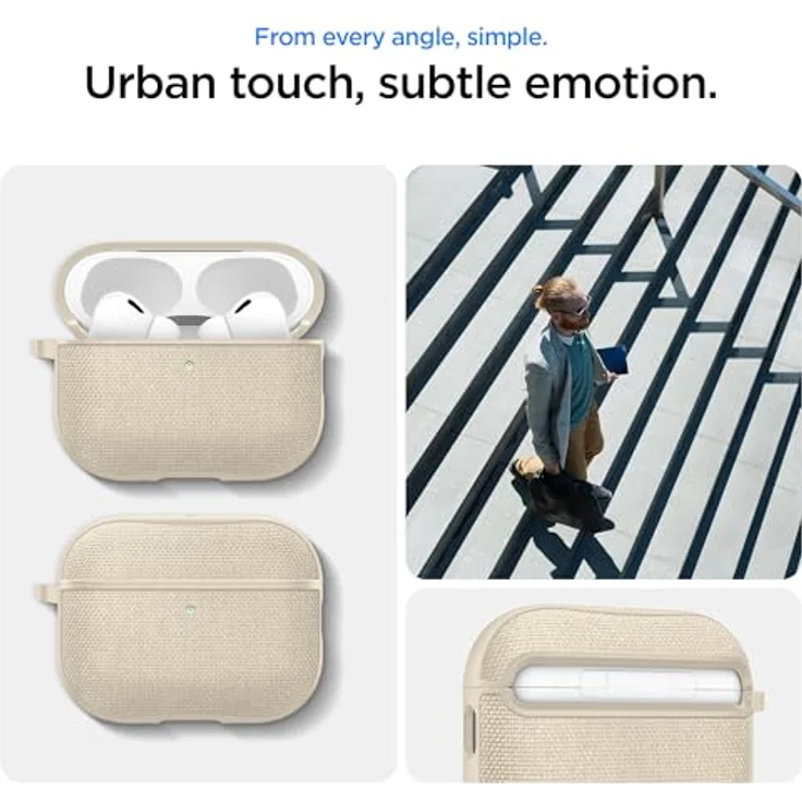 Spigen Urban Fit Hülle Case, kompatibel mit AirPods Pro 3. Generation (2025), aus hochwertigem Nylon mit Wildleder-Innenseite, dünenbeige, inklusive Karabiner und doppelseitigem Klebeband – Bild 3