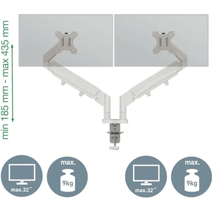 Leitz Ergo Platzsparender Doppel-Monitorarm für 17–32-Zoll-Monitore, Ergonomischer Monitorständer mit Links-/Rechtsdrehfunktion, Kippfunktion, 18 kg Tragkraft, Hellgrau, 65370085 – Bild 4