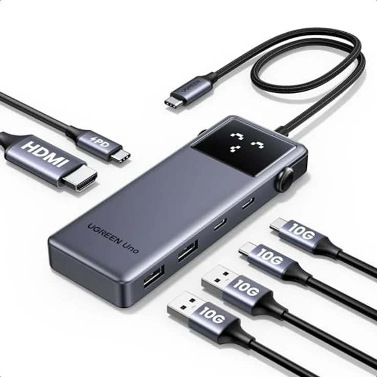 UGREEN UNO USB C Hub 10Gbps 4K@60Hz HDMI Intelligentes LED-Display USB C Adapter 2*USB A & 2*USB C Multiport Adapter PD 100W, Kompatibel mit iPhone 16, iPad Pro/Air, MacBook Pro/Air, Steam Deck - Stylisher Robot-Hub, Schwarz – Bild 1