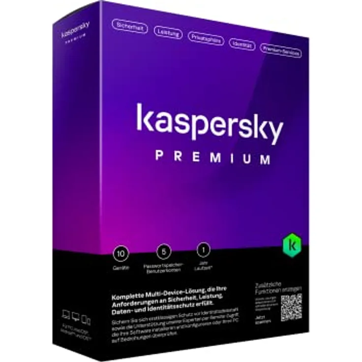 Kaspersky Premium 2023|10 Geräte|1 Jahr|Anti-Phishing und Firewall|Unbegrenzter VPN|Passwort-Manager|Kindersicherung|Experten Unterstützung|PC/Mac/Mobile|Aktivierungscode