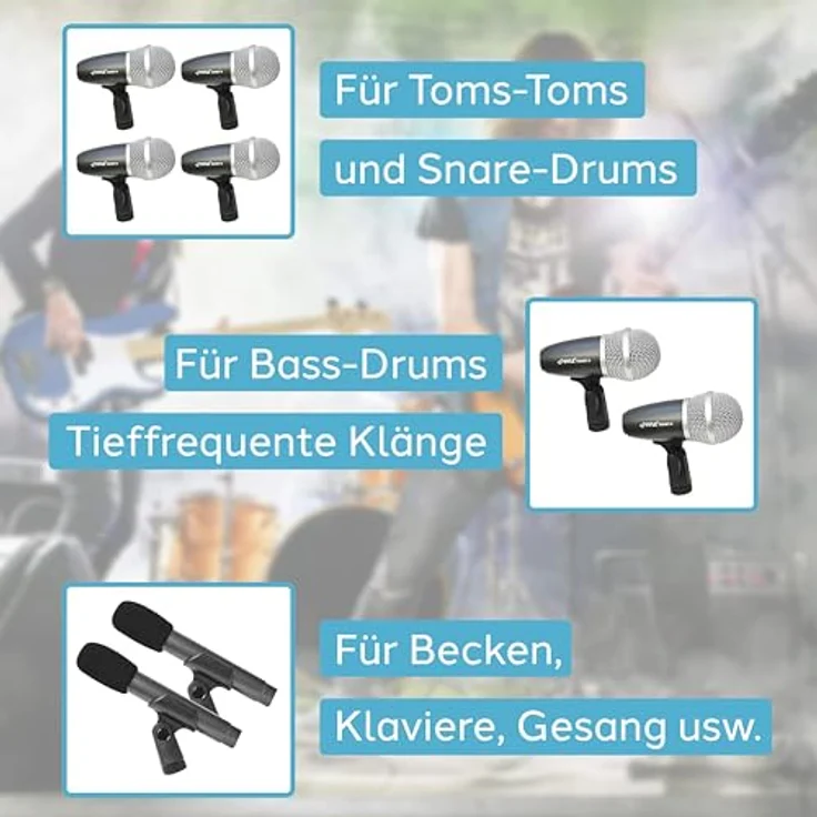 Pyle 7-teiliges Drum Mikrofon Set – Dynamisch & Kondensator, Schwarz/Silber, für Studio und Live mit Koffer, Halterungen und XLR-Anschlüssen – Bild 5