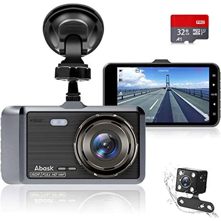Abask Q4OS Dashcam Auto Vorne und Hinten Autokamera mit 32 GB SD-Karte, 4 Zoll Full HD 1080P, 170 ° Weitwinkel, Nachtsicht, G-Sensor, WDR, Loop-Aufnahm, Parküberwachung und Bewegungserkennung