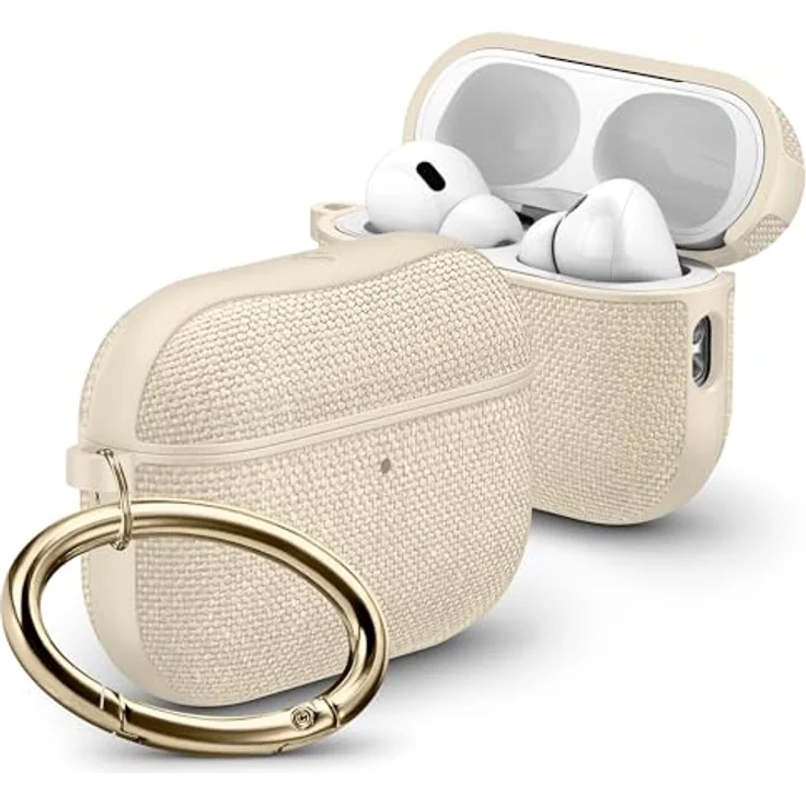 Spigen Urban Fit Hülle Case, kompatibel mit AirPods Pro 3. Generation (2025), aus hochwertigem Nylon mit Wildleder-Innenseite, dünenbeige, inklusive Karabiner und doppelseitigem Klebeband – Bild 1