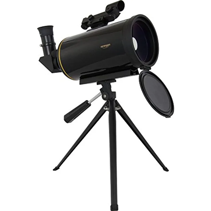Omegon Maksutov Teleskop MightyMak 90, kompaktes Teleskop mit LED-Sucher und vergüteter Frontlinse, Hochglanz schwarz mit Goldstreifen