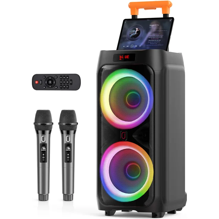 JYX T9 Party-Lautsprecher Karaoke-Maschine, Schwarz, mit 2 Mikrofonen, Aufnahmefunktion und Disco-Lichtern