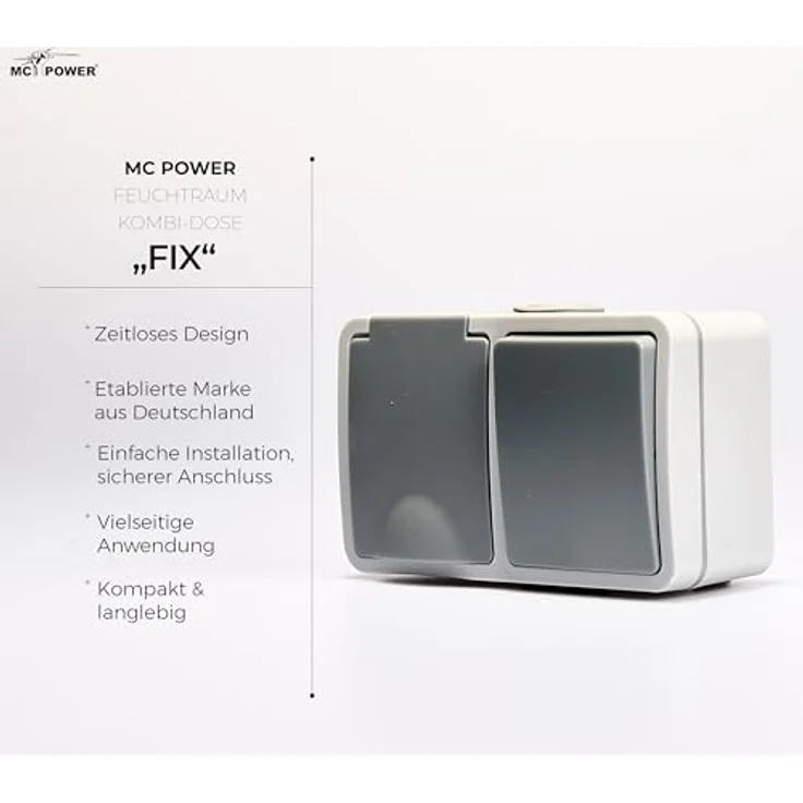 McPower Feuchtraum Kombidose Schalter Steckdose Aufputz | Fix | horizontal 1fach Kombischalter mit Steckdose, 250V, AP grau – Bild 2