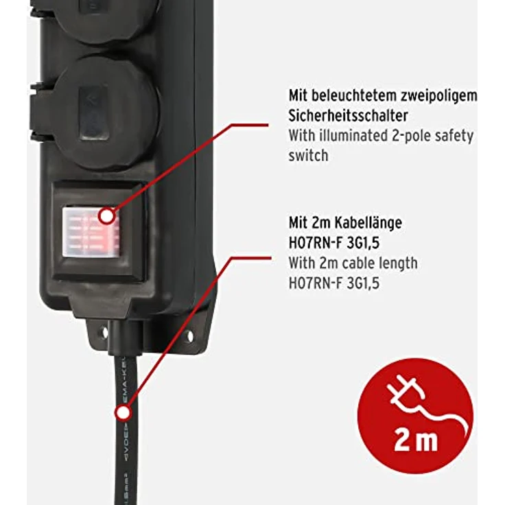 Brennenstuhl Steckdosenverteiler IP44 3-Fach (Outdoor Steckdosenleiste mit Schalter, 2m Kabel, selbstschließende Deckel, Mehrfachsteckdose für außen für den robusten und ständigen Einsatz im Freien) – Bild 3
