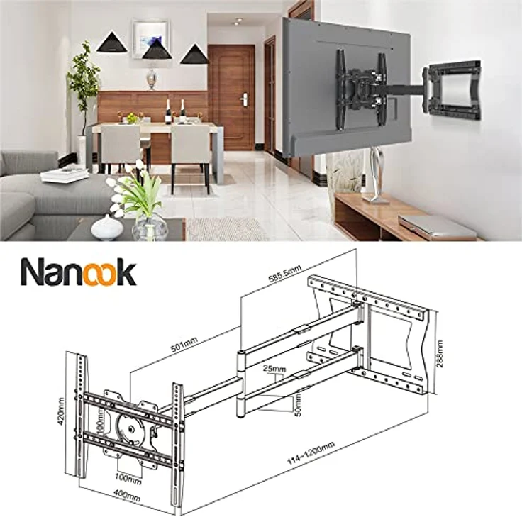 Nanook 2120 Langarm-TV-Wandhalterung für 42-75-Zoll-Fernseher, Extra langer Auszug bis zu 120 cm, Starke vollbewegliche TV-Halterung, Belastbarkeit bis 40 kg, Schwenkbar bis zu 180°, Max. VESA 400x400 – Bild 5