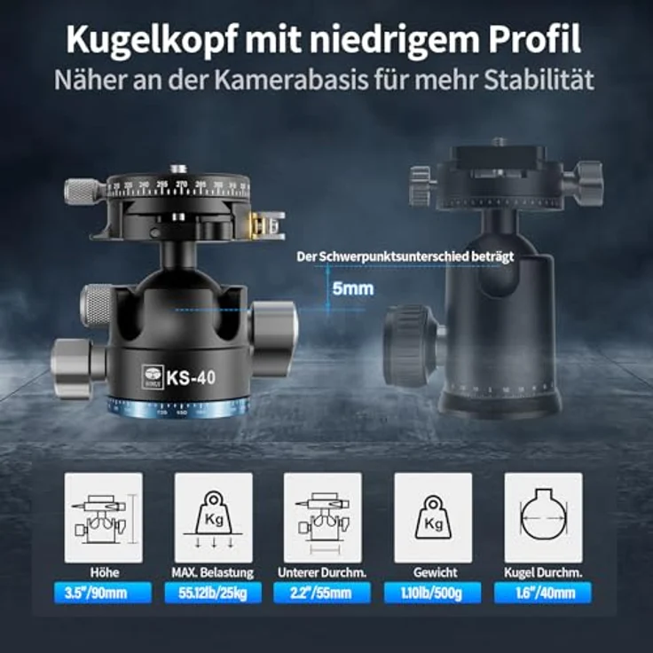 SIRUI KS-40 Low Profile Kugelkopf, Aluminium 360° Doppel-Panoramakugelkopf für Kamera, Camcorder, maximale Belastung 25kg – Bild 2