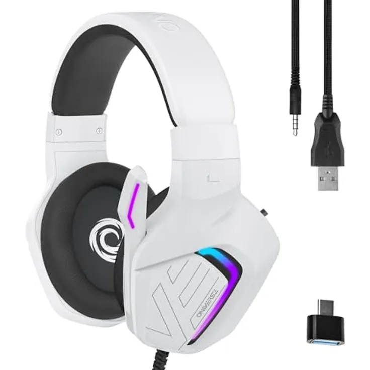 Oniverse Oniverse Gaming-Headset, kabelgebunden, 50 mm Lautsprecher, kompatibel mit PS5, PS4, Switch, Xbox, PC und Mac, verstellbares Mikrofon, LED-Beleuchtung, bequem und atmungsaktiv, Carbon Black oder Frost White