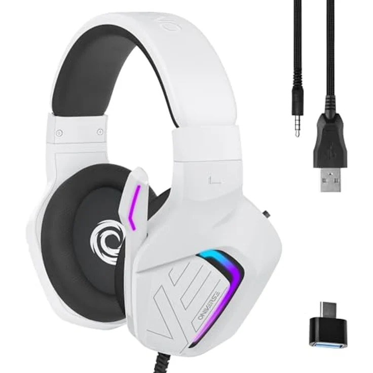 Oniverse Oniverse Gaming-Headset, kabelgebunden, 50 mm Lautsprecher, kompatibel mit PS5, PS4, Switch, Xbox, PC und Mac, verstellbares Mikrofon, LED-Beleuchtung, bequem und atmungsaktiv, Carbon Black oder Frost White – Bild 1