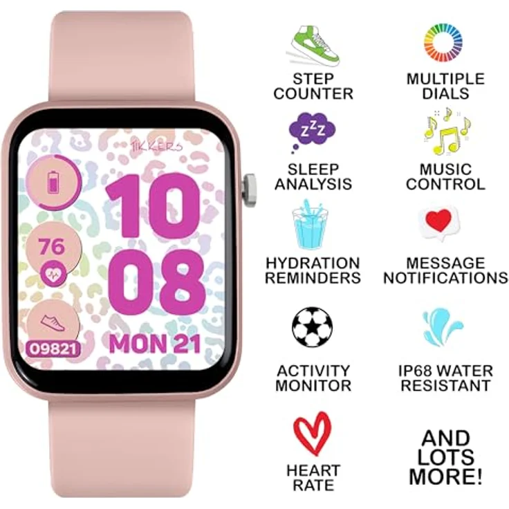 Tikkers Smart Series 13 TKS13-0031-SET, Smartwatch- und Ohrhörer-Set mit Silikonband, rosa, Schrittzähler, Herzfrequenzmesser, Bluetooth 5.2, personalisierbares Zifferblatt – Bild 2