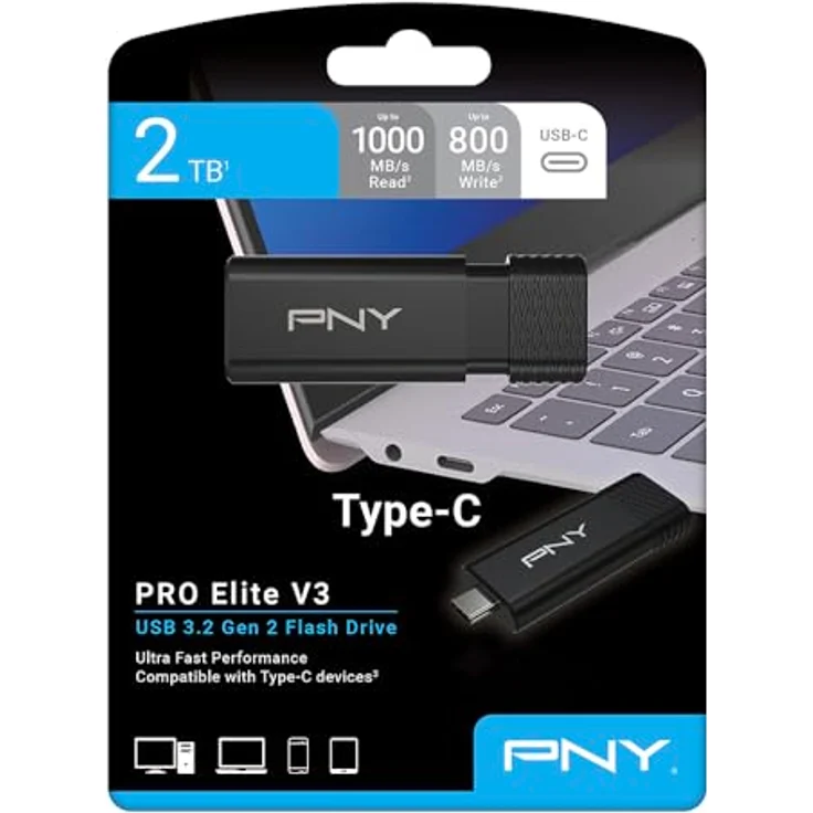 PNY Pro Elite V3 Type-C USB 3.2, 2TB Flash Drive (2000 GB, USB-C), hohe Geschwindigkeiten bis 1000 MB/s, Schwarz – Bild 8