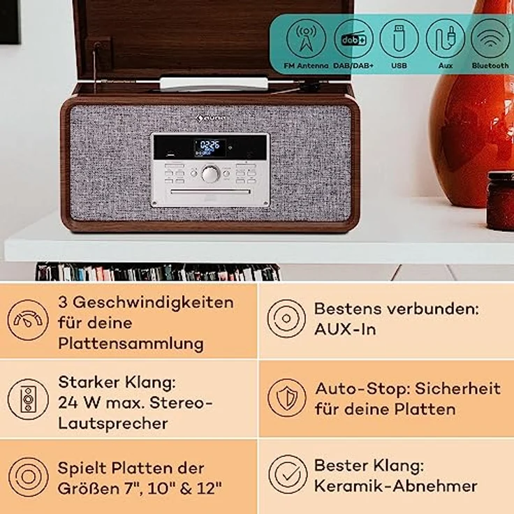 Auna Mary Ann Plattenspieler, Riemenantrieb, Bluetooth, CD, DAB+ & UKW Radio, MP3 Player mit Fernbedienung, Vintage Design – Bild 2