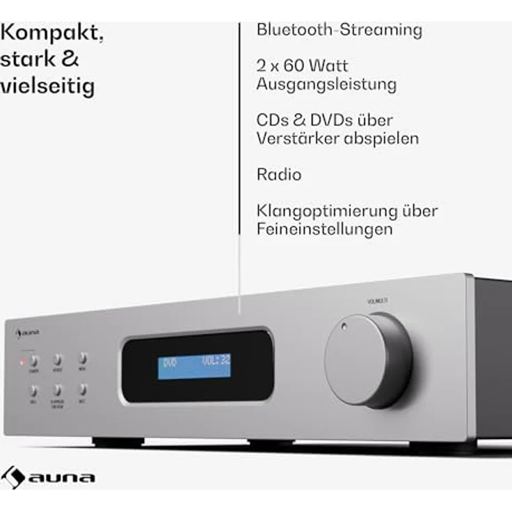 Auna Art22 Verstärker HiFi Stereo, 2x60 W, Bluetooth, DAB+ Radio, FM-Tuner, CD/DVD-Wiedergabe, optische & koaxiale Eingänge, Fernbedienung, kompaktes Design, Weiß-Silber – Bild 3