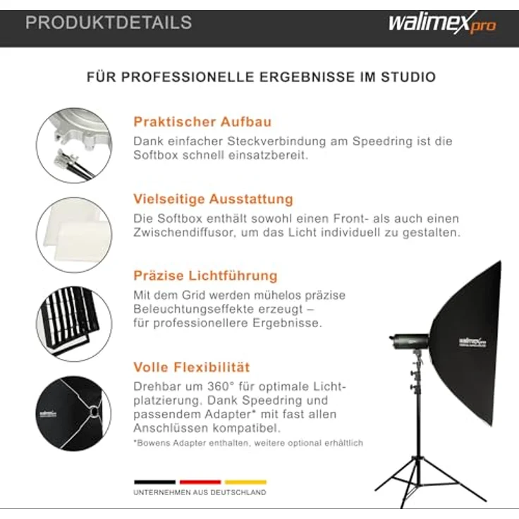 Walimex pro Essential Softbox 80x120cm, um 360° drehbar, inkl. Grid, Bowens Adapter und Transporttasche, ideal für Produkt- und Peoplefotografie – Bild 3