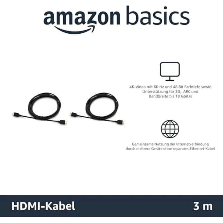 AmazonBasics HL-007309 Hochgeschwindigkeits-HDMI-Kabel 2.0, Ethernet, 3D, 4K-Videowiedergabe und ARC, 3 m, 2er-Pack, Schwarz – Bild 2