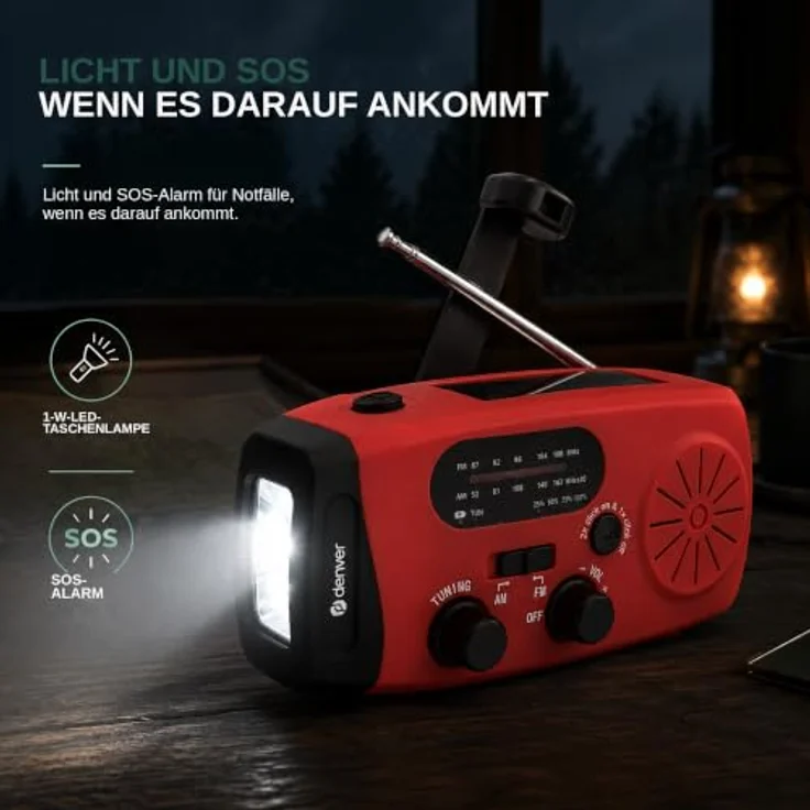 DENVER SCR-2007, Notfallradio mit Solar- und Dynamo-Antrieb, 2000 mAh Powerbank, FM, rot – Bild 5