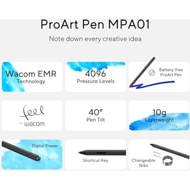 ASUS Proart Pen MPA01 Digitaler Stift mit WACOM EMR-Technologie, Druckempfindlichkeit von 4096 Stufen und 40°, Schwarzenachtschwarz – Bild 2