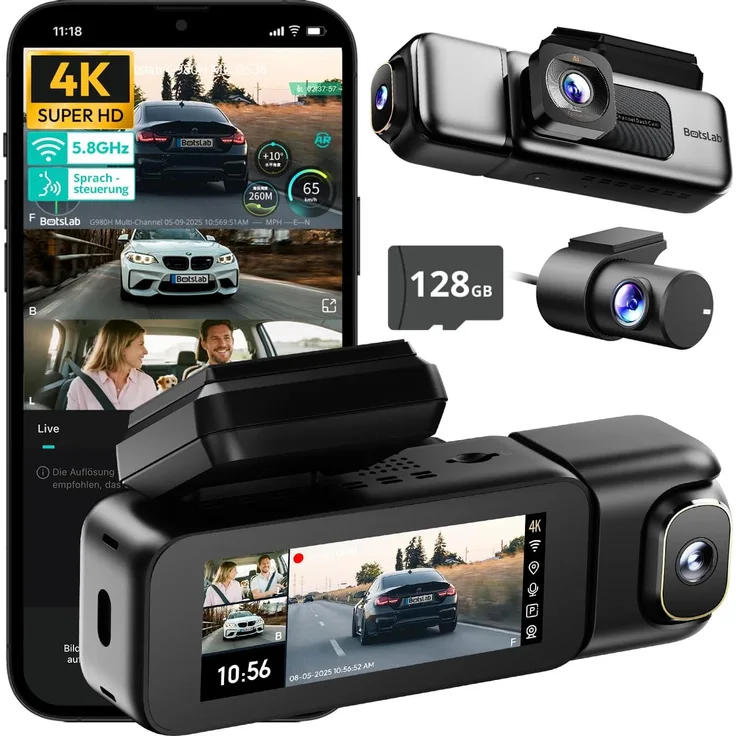 BOTSLAB 4K 3-Kanal Dashcam G980H, Front- und Rückkamera mit 4K + 1080P Auflösung, GPS, 5.8GHz WiFi, 128GB SD-Karte, Super Nachtsicht, 3.18" Touchscreen