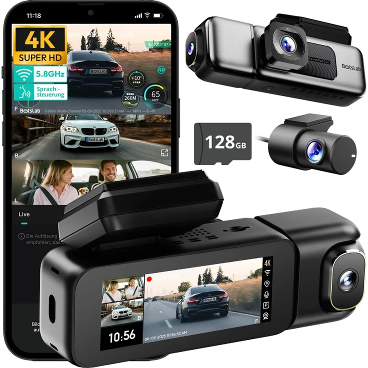 BOTSLAB 4K 3-Kanal Dashcam G980H, Front- und Rückkamera mit 4K + 1080P Auflösung, GPS, 5.8GHz WiFi, 128GB SD-Karte, Super Nachtsicht, 3.18" Touchscreen
