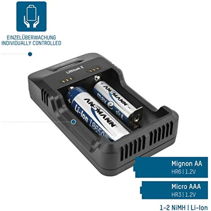 ANSMANN Universal Akku-Ladegerät für 18650 26650 22650 18500 18350 17670 17500 16340 14500 10440 und AA-AAA - Lithium 2 Universal Ladegerät für Lithium Ionen Batterie und NiMH-NiCd – Bild 2