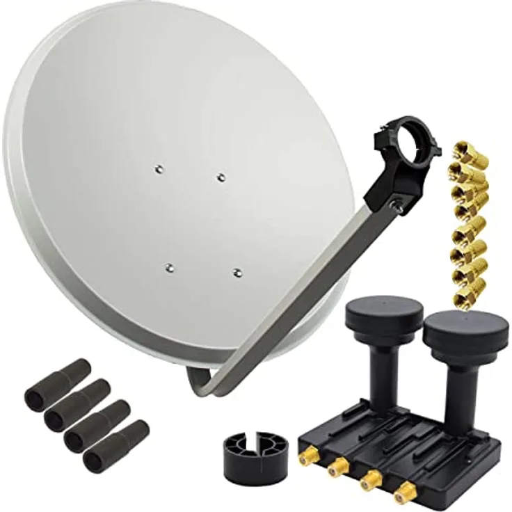 PremiumX SAT Anlage PXS-80, 80cm Hellgrau Schüssel mit Quad Monoblock LNB und 8x F-Stecker, HDTV/4K tauglich, einfacher Zweisatellitenempfang