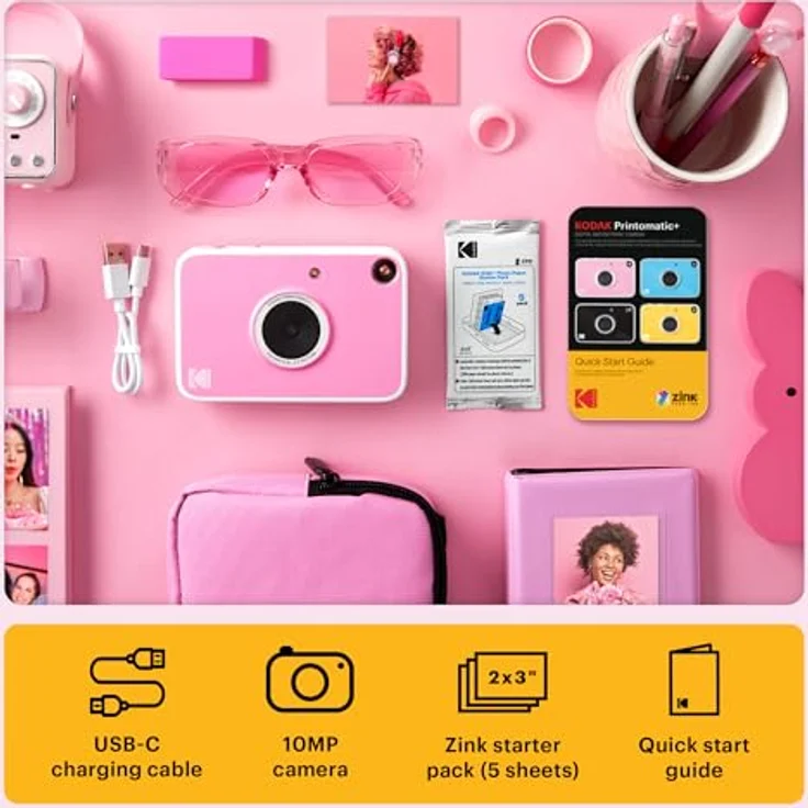 Kodak Printomatic+ Sofortbild Digitalkamera 10MP, RGB LED, druckt 2x3” farbige Fotos ohne Tinte – Rosa – Bild 3