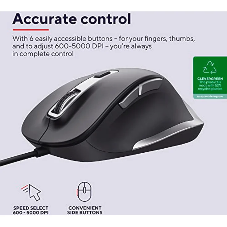 Trust Fyda PC Maus mit Kabel, Nachhaltiges Design, 600-5000 DPI, 6 Tasten, Daumen- und Fingerauflage, USB Maus 150 cm, Ergonomische Maus für Laptop, PC, MacBook, Büro, Komfortables Arbeiten, Schwarz – Bild 2
