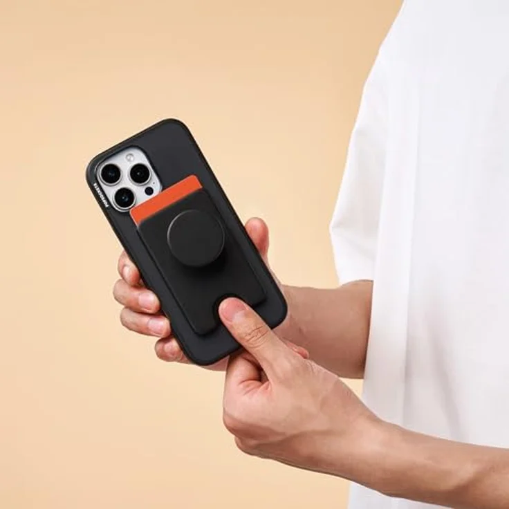 PopSockets PopWallet, Telefon-Geldbörse mit erweiterter Griff & MagSafe-Adapterring, kabellos aufladbar, Kartenhalter für bis zu 3 Karten, Schwarz – Bild 4